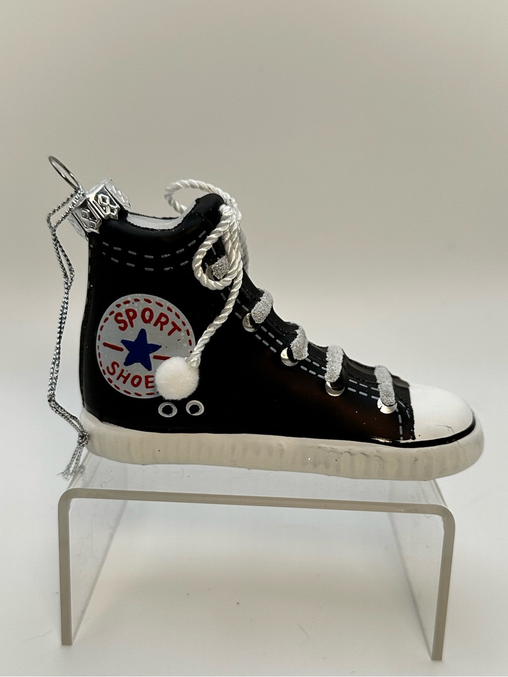 Black High-Top Blown Glass Shoe Christmas Ornament with White Accents